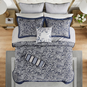 Navy 12 Piece Comforter Set with Cotton Bed Sheets - Queen, Paisley Jacquard