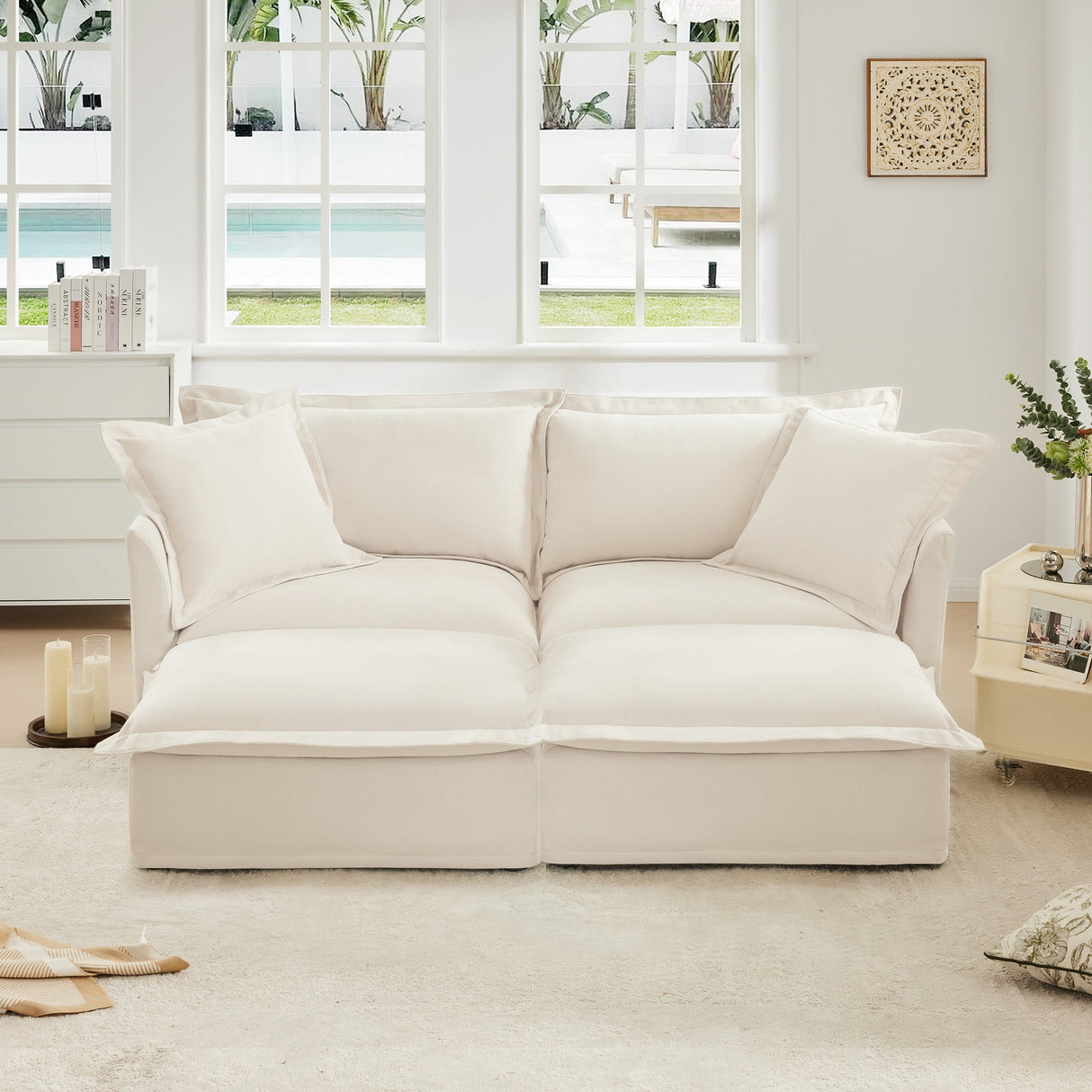Slipcovered Sofa 2 Seater Sofa With 2 Ottomans