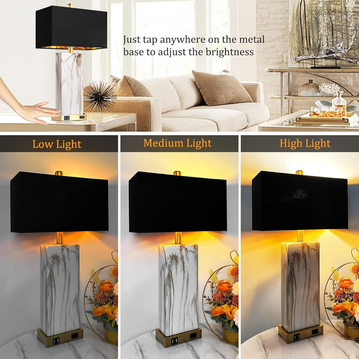 Touch Control Table Lamps Set of 2 with USB Ports and AC Outlet