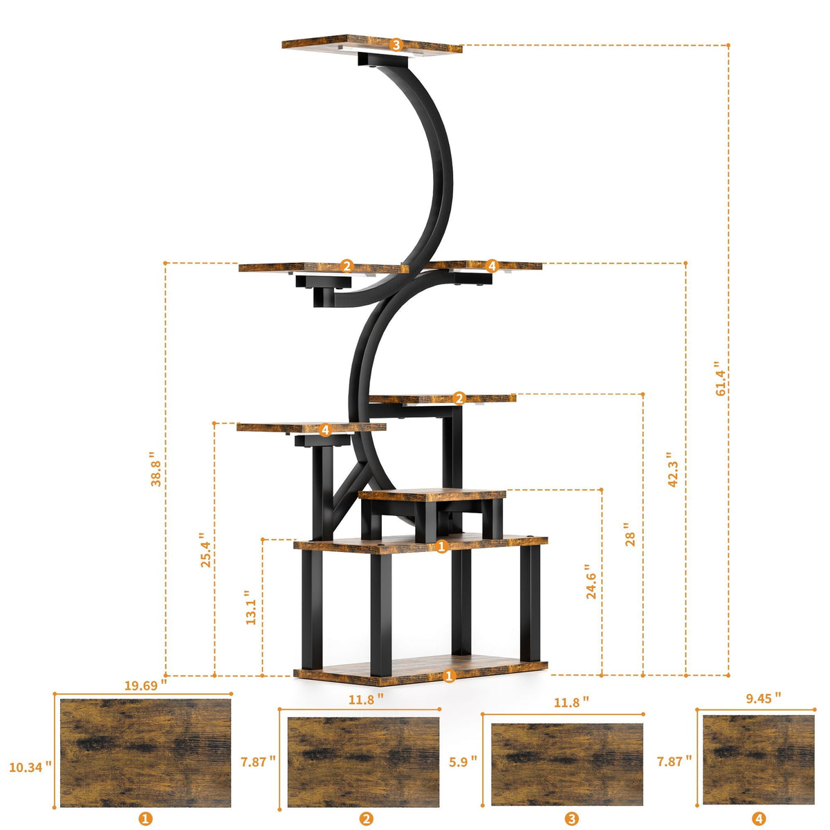 8 Tier Indoor Plant Stand With 5 Grow Lights - Rustic Brown
