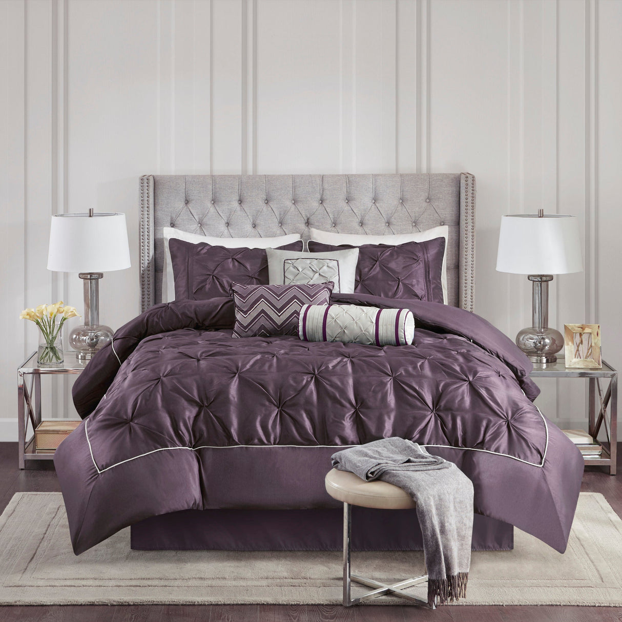 7-Piece Queen 100% Polyester Pieced Pleated Tufted Comforter Set