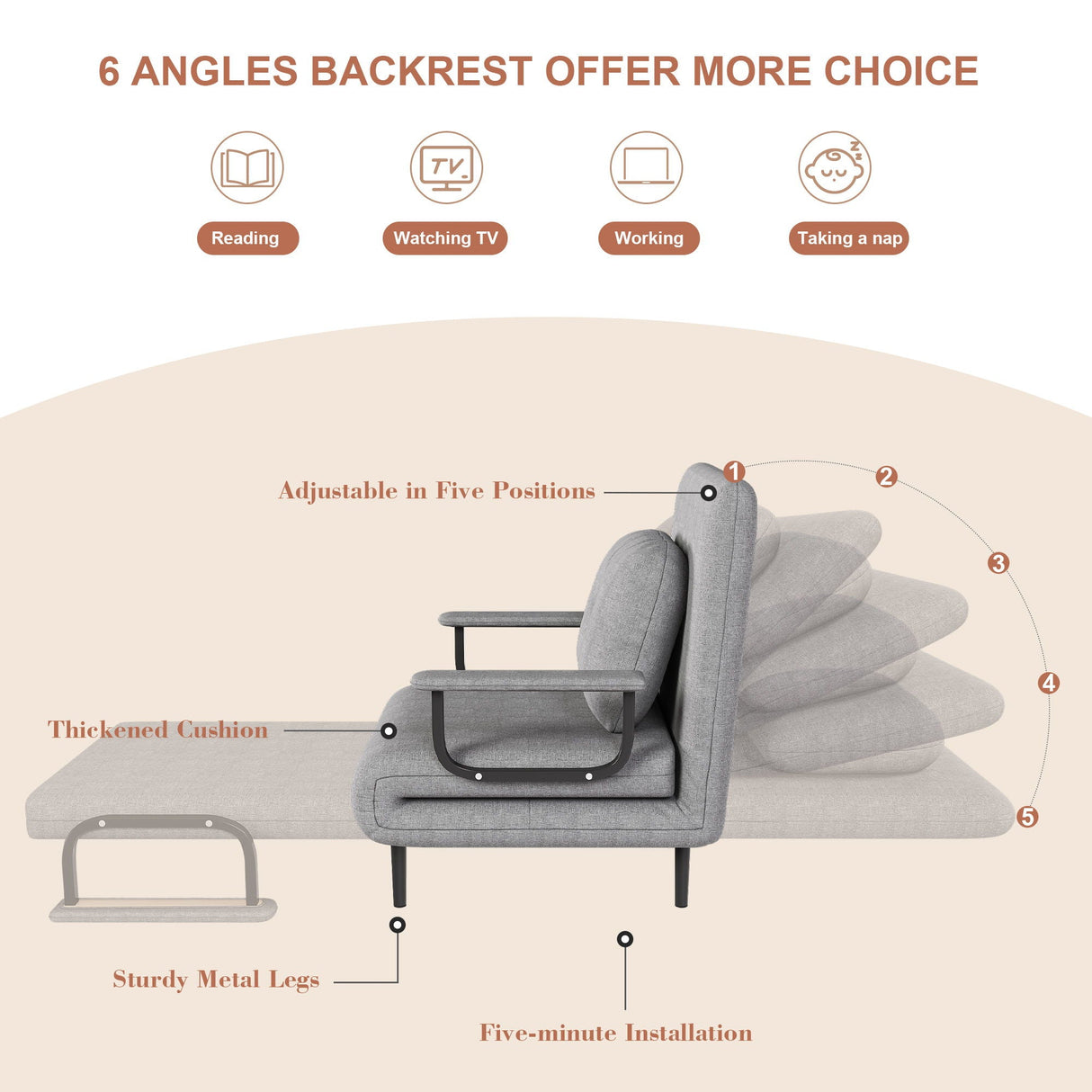 3 In 1 Convertible Folding Sofa Bed With Adjustable Backrest And Pillow