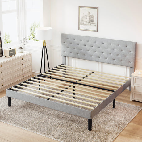 Simple-Queen-Size-Grey-Bed-frame,-Adjustable-Headboard-Beds-&-Bed-Frames