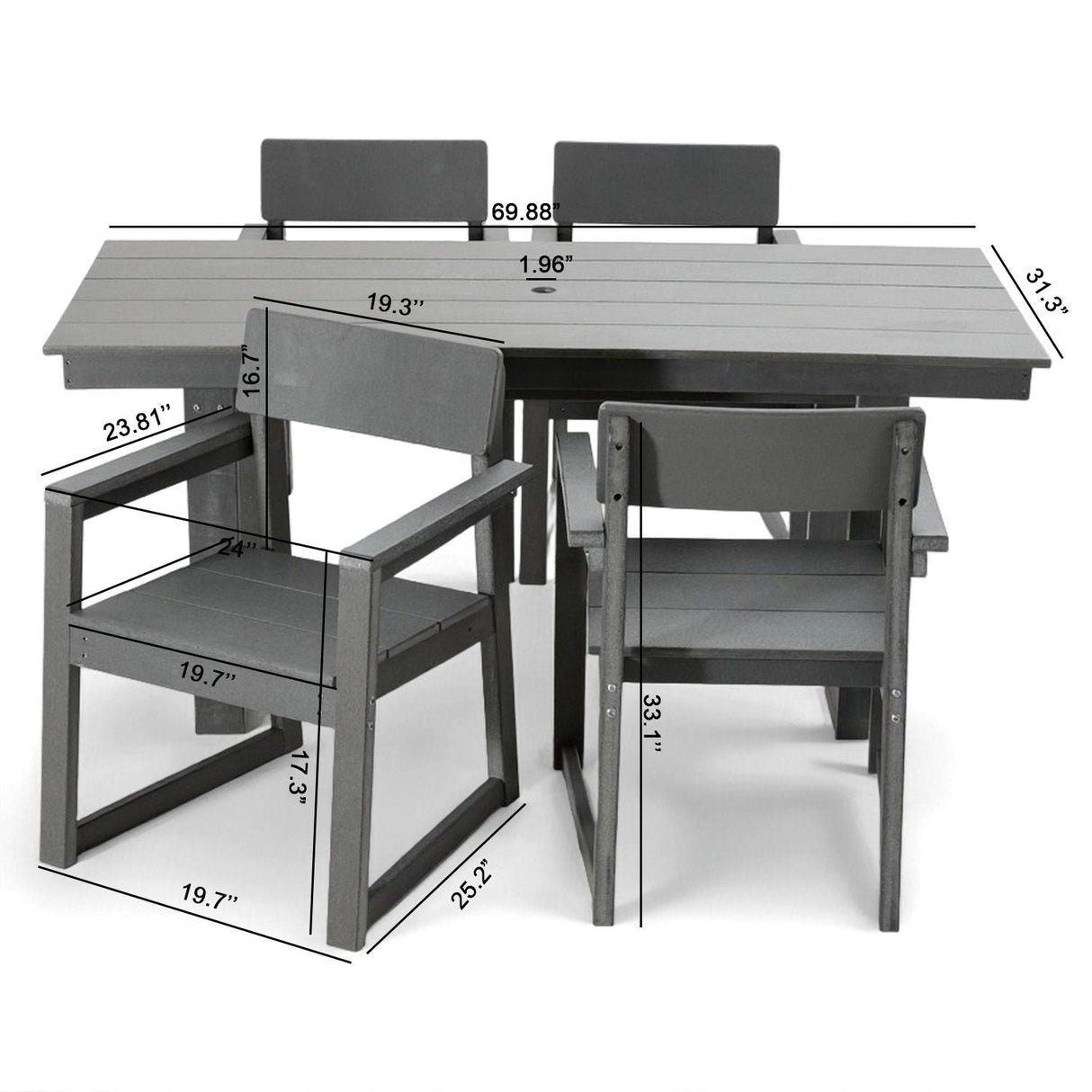 5 Piece Outdoor Dining Set with Umbrella Hole and 4 Armrest Chairs