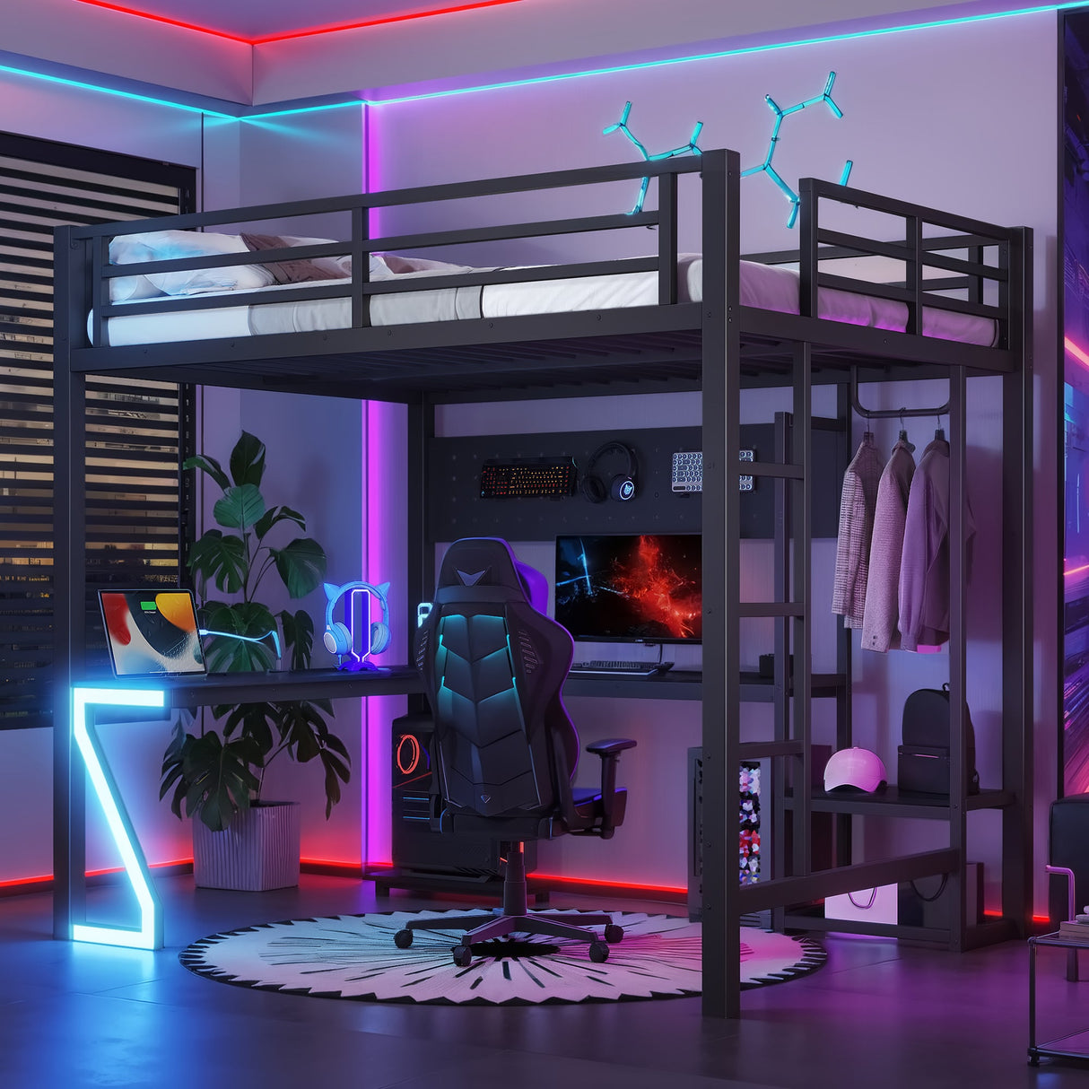 Full Loft Bed with L-shaped Desk and USB Ports