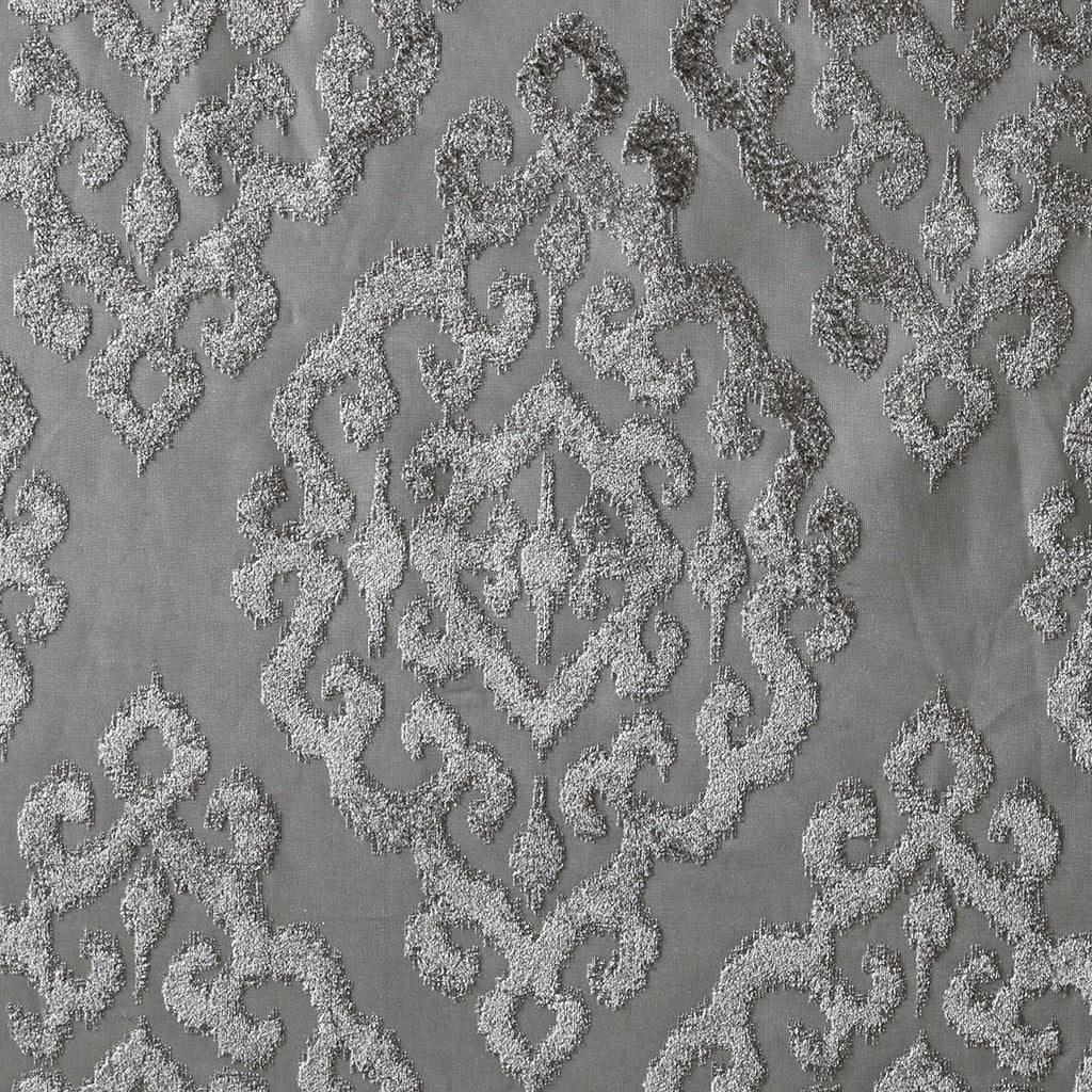 Charcoal Knitted Jacquard Damask Blackout Curtain Panel with Silver Grommets