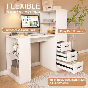 White Computer Desk with 4-in-1 Socket and Storage Options
