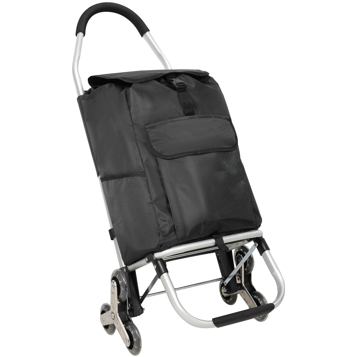 Foldable Shopping Stair Trolley With Triangular Wheels And Removable Waterproof Bag - Black