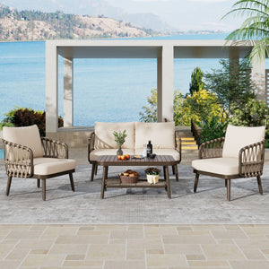 4 Piece Outdoor Patio Furniture Set, Metal Chairs With Woven Rope U Shaped Backrest