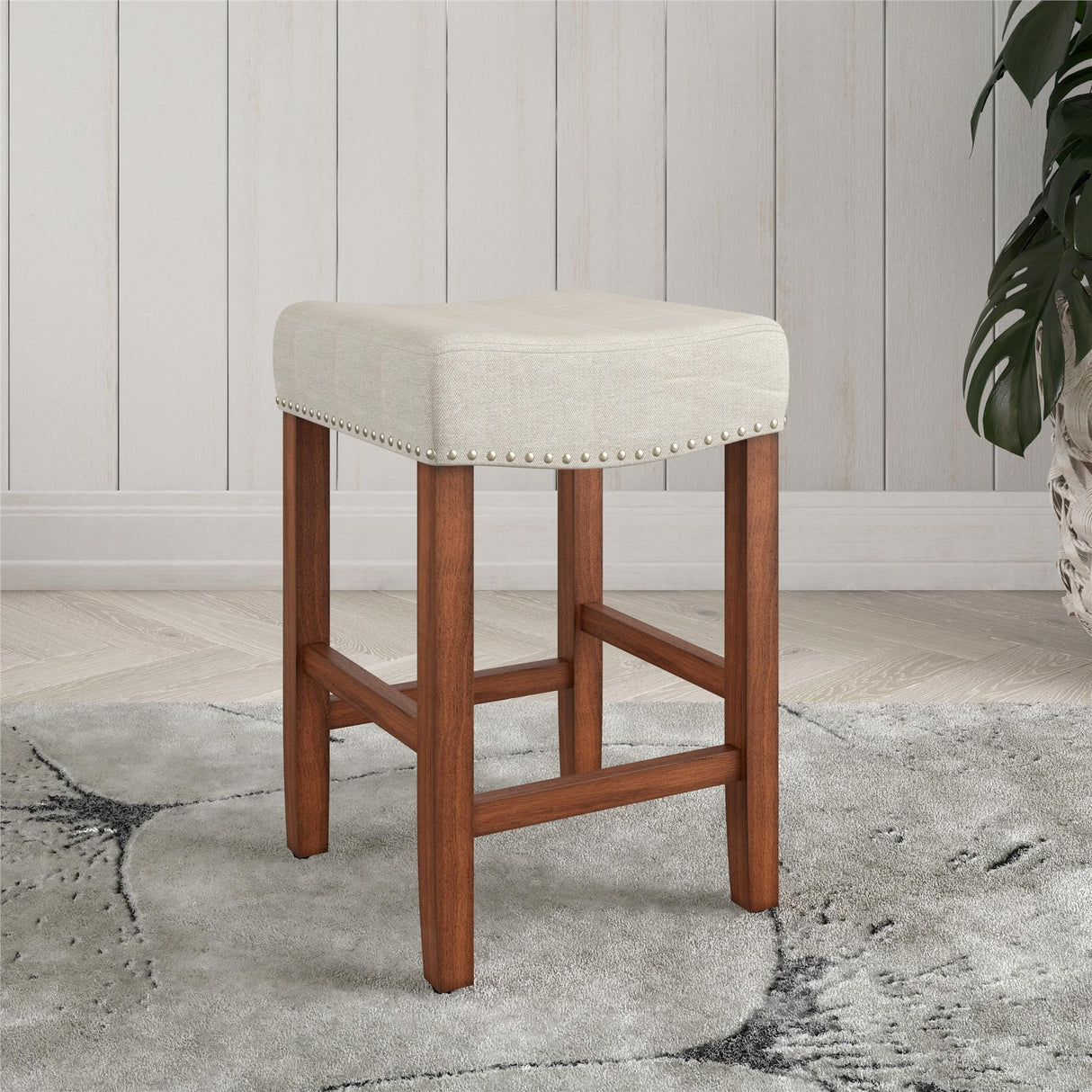 Upholstered Counter Height Bar Stool With Brass Nailhead Trim - Beige / Brown
