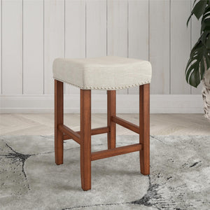 Upholstered Counter Height Bar Stool With Brass Nailhead Trim - Beige / Brown