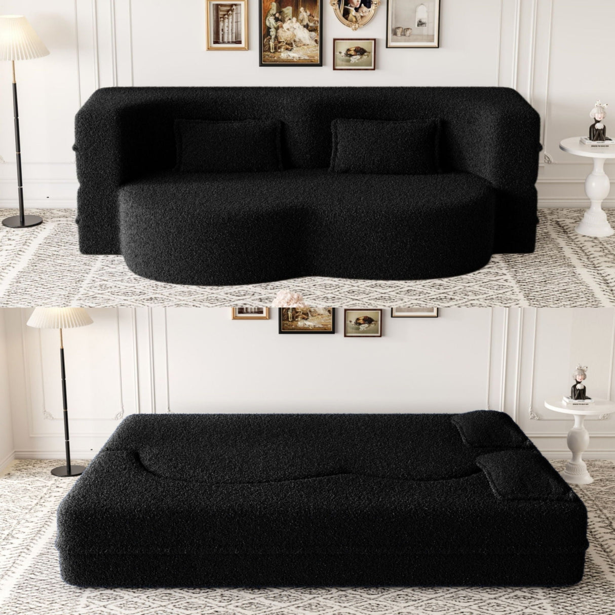 Modern Floor Sofa with 2 Pillows, Convertible Teddy Fabric Foam Filled Bed