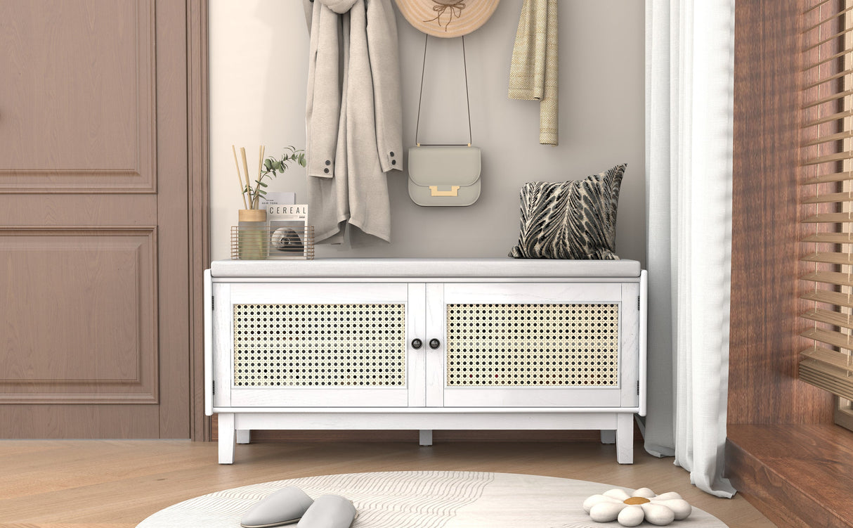 TREXM Boho Rattan Entryway Bench with Storage