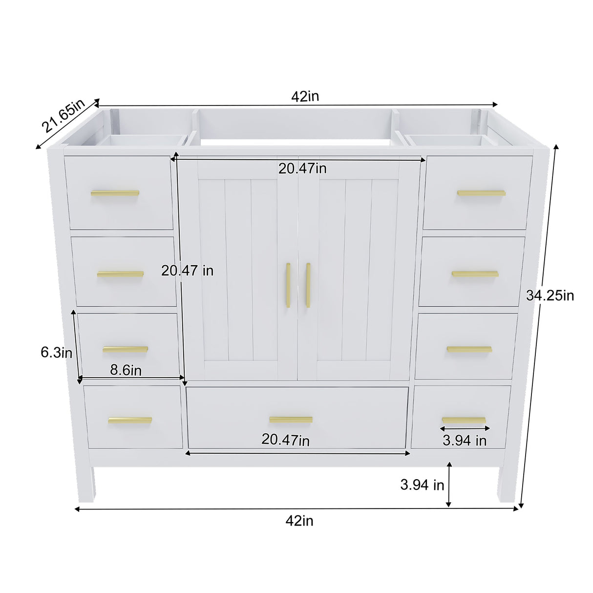 42" Bathroom Vanity Base Cabinet with 2 Soft-Close Double Doors & 9 Smooth Drawers