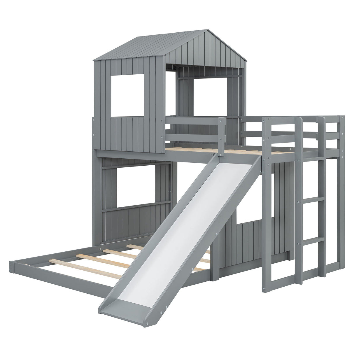 Loft Bunk Bed With Playhouse, Farmhouse Style, Ladder, Slide And Guardrails