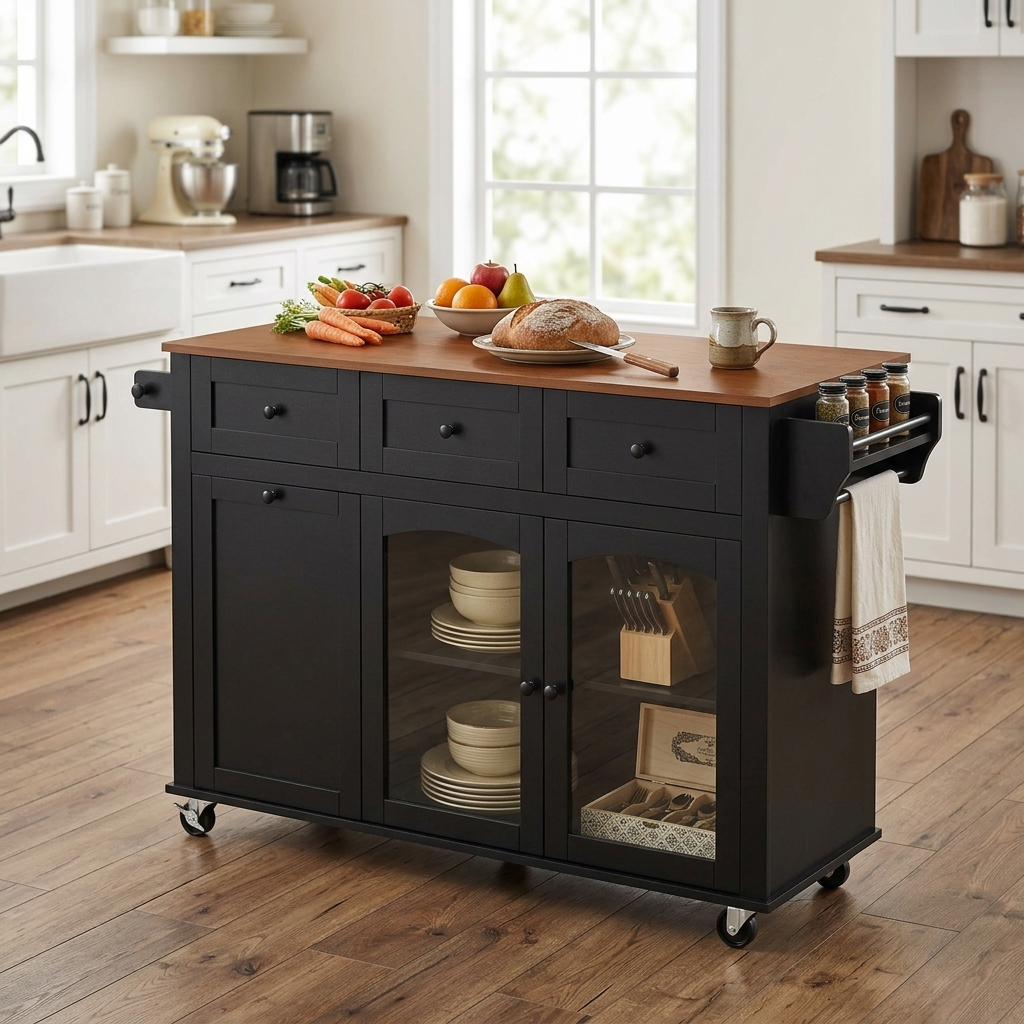 54.2'' Mobile Kitchen Island with Glass Door Storage & Trash Bin