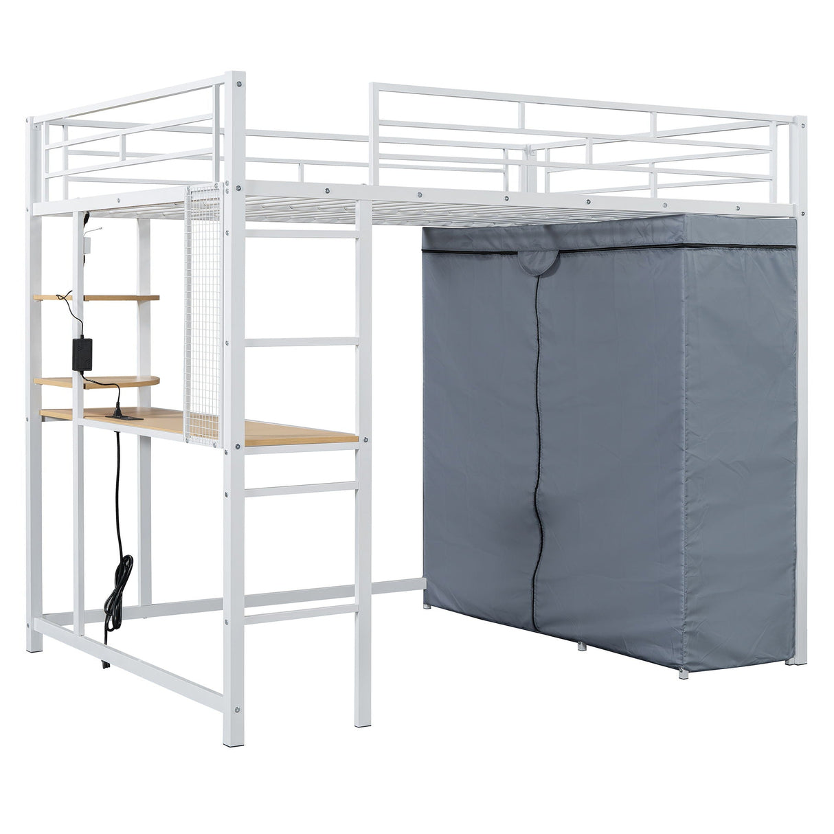 Loft Bed With Desk, Shelves, Power Outlet, LED Light And Wardrobe