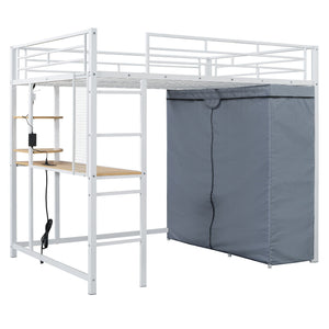 Loft Bed With Desk, Shelves, Power Outlet, LED Light And Wardrobe