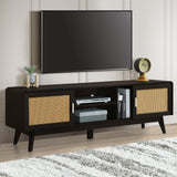 63'' Dark Rattan TV Stand with 2 Storage Cabinets and Solid Wood Legs