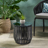 Boho ARIAS Side Table with Tempered Glass Top and Rattan Wrap