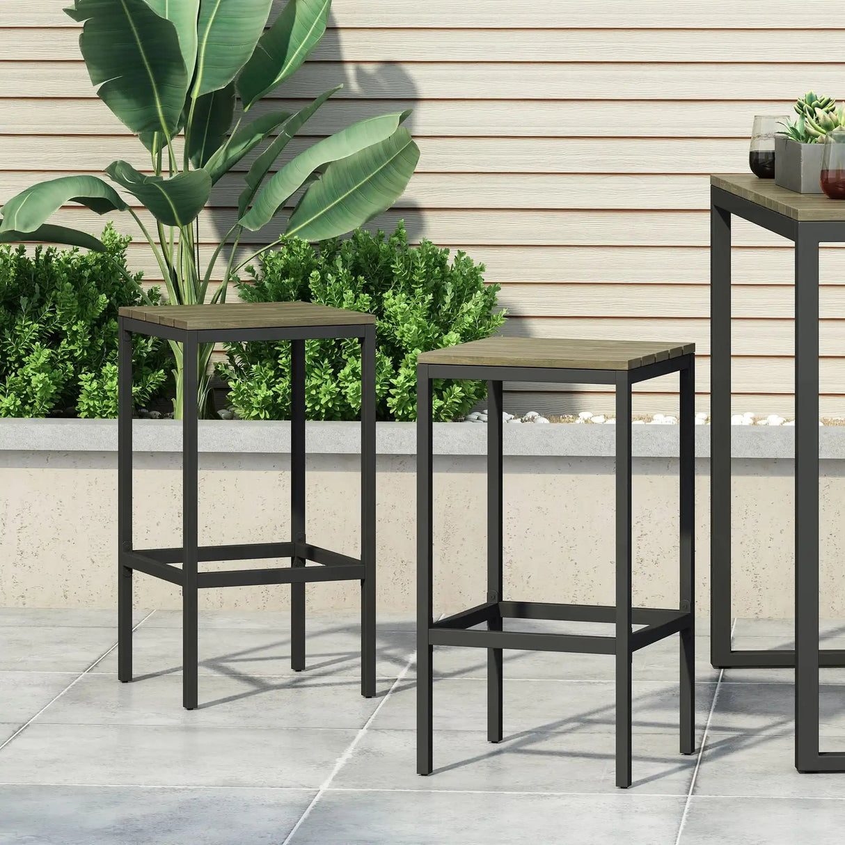 Outdoor Bar Stool With Slat Design And Metal Frame (Set of 2)