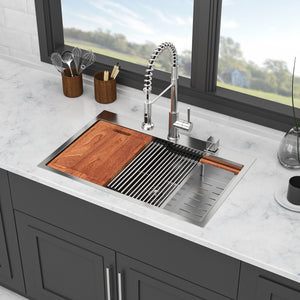 33" Drop In Kitchen Sink With Ledge Workstation, Single Bowl, 16 Gauge Stainless Steel - Black / Gray