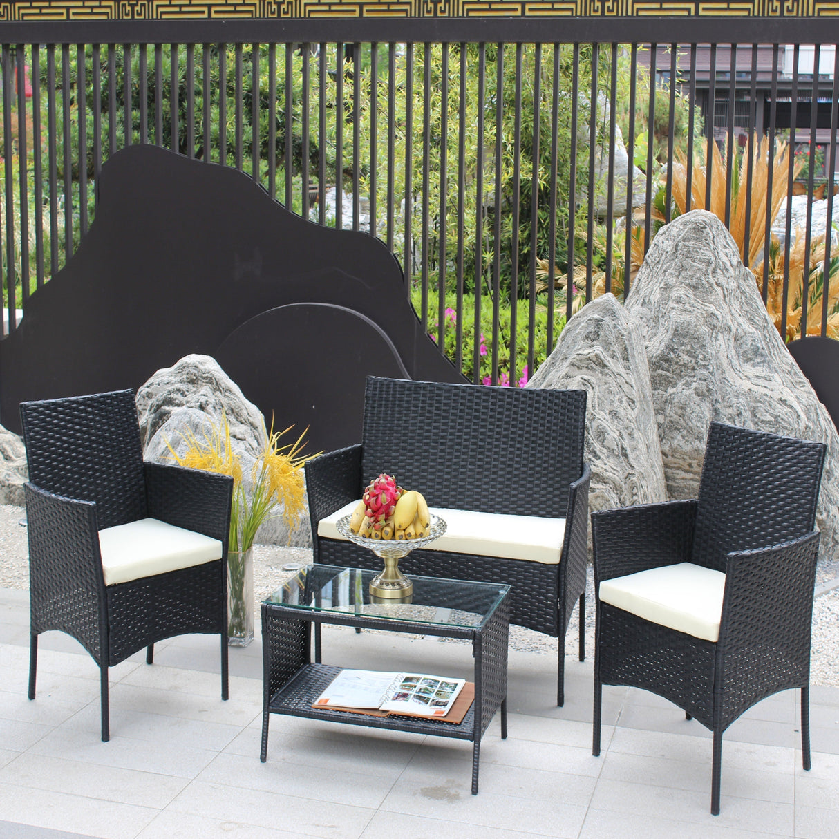 4 PC Rattan Patio Furniture Set Outdoor Cushioned Wicker Sofa