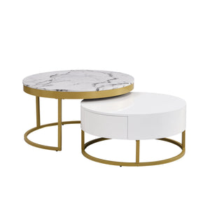 Round Nesting Coffee Table With Drawers - Golden / White