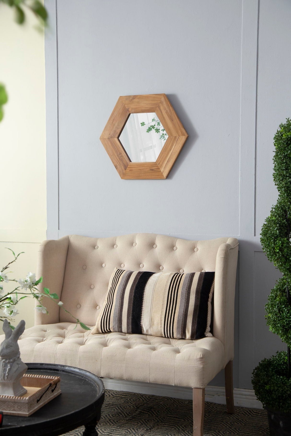 Hexagon Mirror With Natural Wood Frame