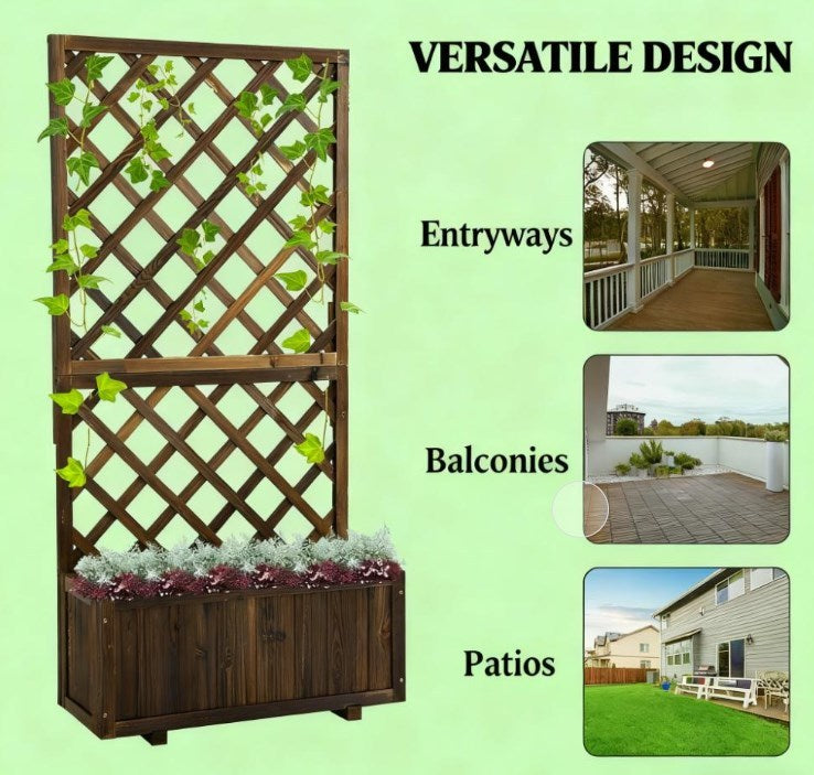 Wooden Raised Garden Bed Planter with Trellis and Drain Holes