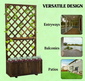 Wooden Raised Garden Bed Planter with Trellis and Drain Holes