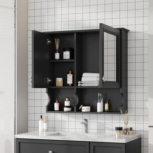 Wall Mounted Mirror Medicine Cabinet with Soft-Close Doors and Open Shelves - Black or White