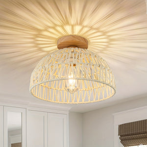 Boho Rattan Ceiling Light Flush Mount Handwoven Pendant Lamp for Bedroom