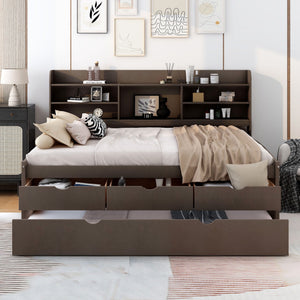 Captain Bed With Built In Bookshelves, 3 Storage Drawers, And Trundle