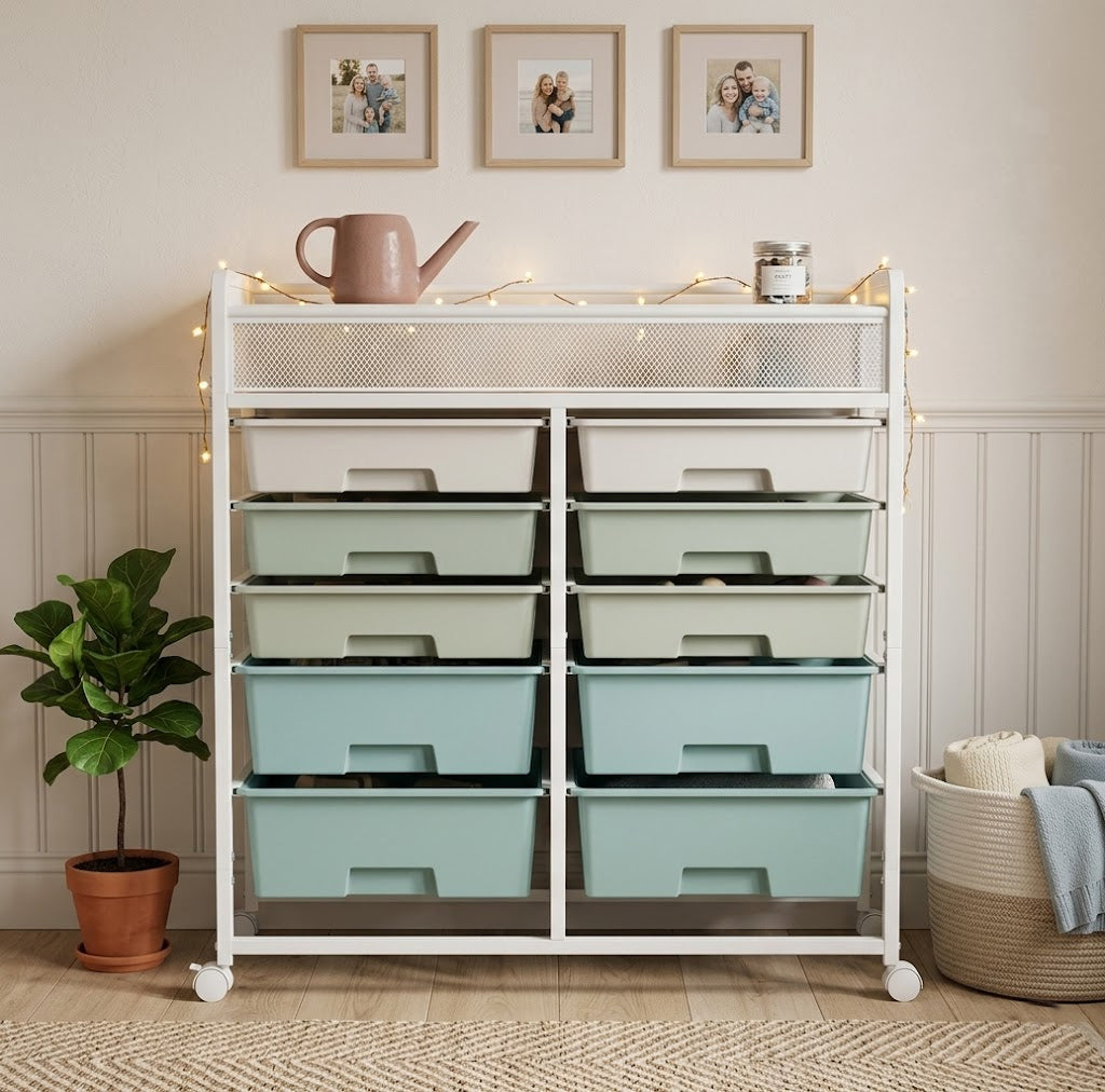 White Large Capacity 2-Row 10-Drawer Rolling Storage Cart