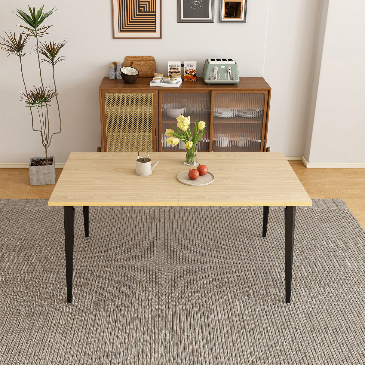 63-inch Modern Dining Table with Wooden Tabletop and Rust-Resistant Iron Legs