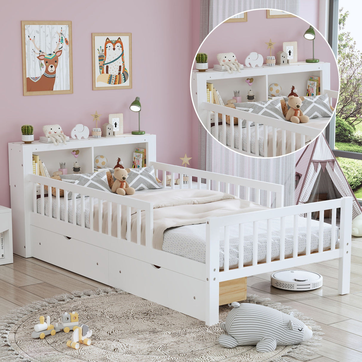 Bed With Headboard Storage Rack, 2 Under Bed Drawers, 3 Side Guardrails For Safety