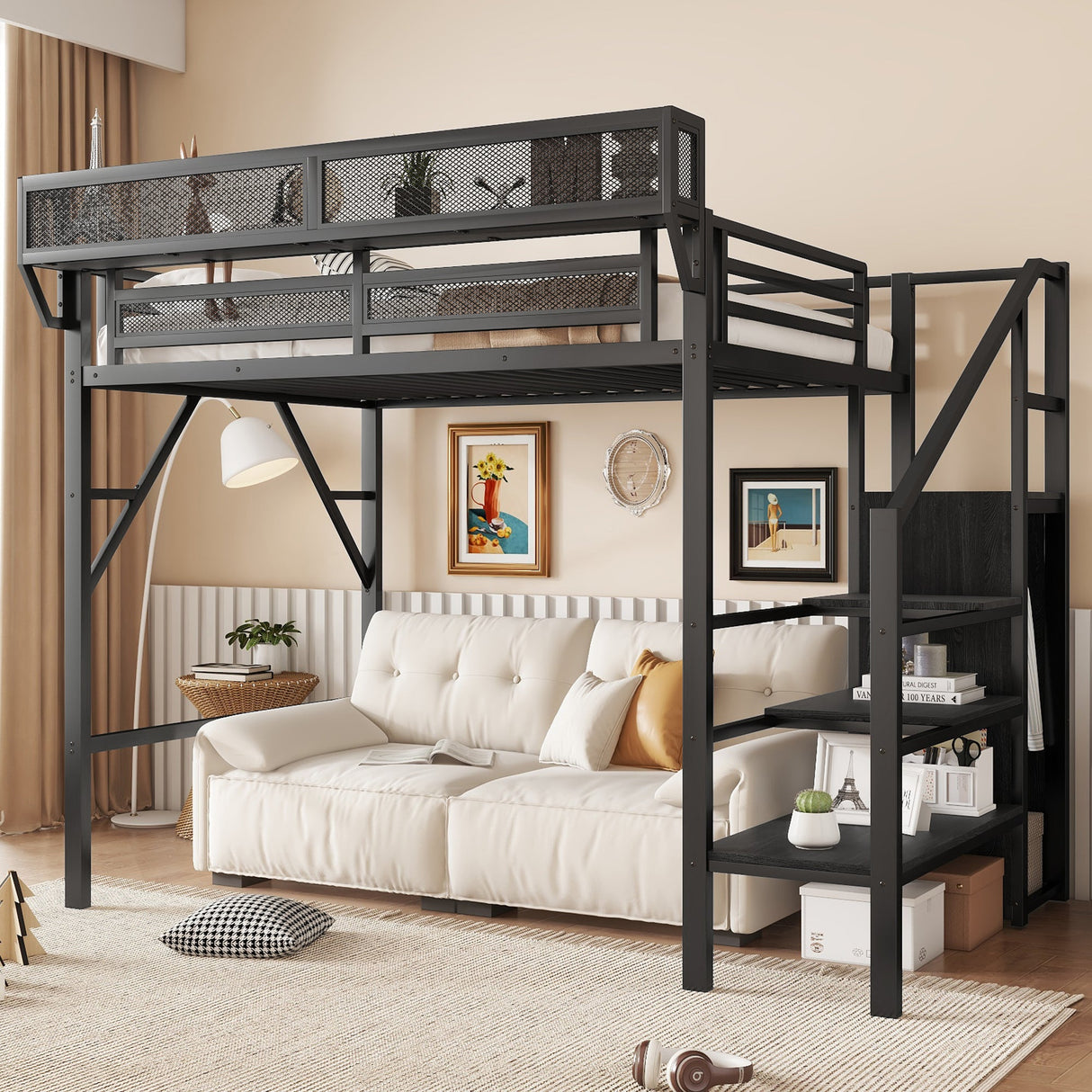 Twin Size Loft Bed with Stairs, Metal Full Loft Bed with Storage Shelves