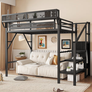 Twin Size Loft Bed with Stairs, Metal Full Loft Bed with Storage Shelves