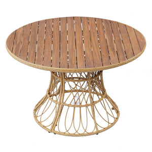 5-Piece Outdoor Dining Set: Teak Finish Round Acacia Wood Table & 4 Teak Finish Wicker Armchairs