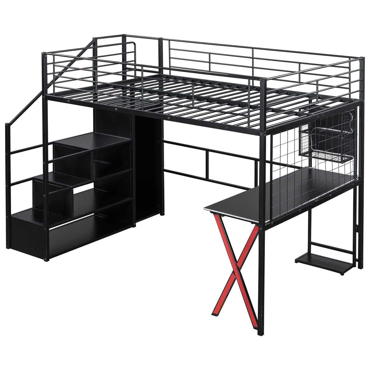 Loft Bed With Built In Work Station, Wardrobe, Storage Staircase And LED