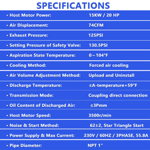 20HP Rotary Screw Air Compressor, 74 CFM, 125 PSI, Industrial-Grade
