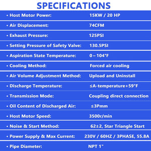 20HP Rotary Screw Air Compressor with 74 CFM Output - Dark Blue