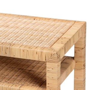 Console Table with One Shelf in Natural Rattan and Wood
