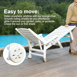 HDPE Chaise Lounge Chair Outdoor, Pool Lounge Chairs with 4-Position Adjustable Backrest, Supports Up to 360 LBS for Patio Poolside Deck Beach Backyard (white)