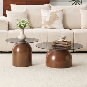 Nesting Coffee Table Set of 2 with Glass Desktop in Walnut
