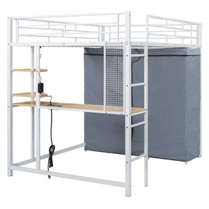 Loft Bed With Desk, Shelves, Power Outlet, LED Light And Wardrobe