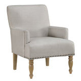 Alice Beige Upholstered Arm Chair with Pecan Legs and Antique Brass Nailheads