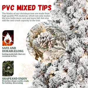 9FT Flocked Christmas Tree with 850 UL Lights and Pine Cones