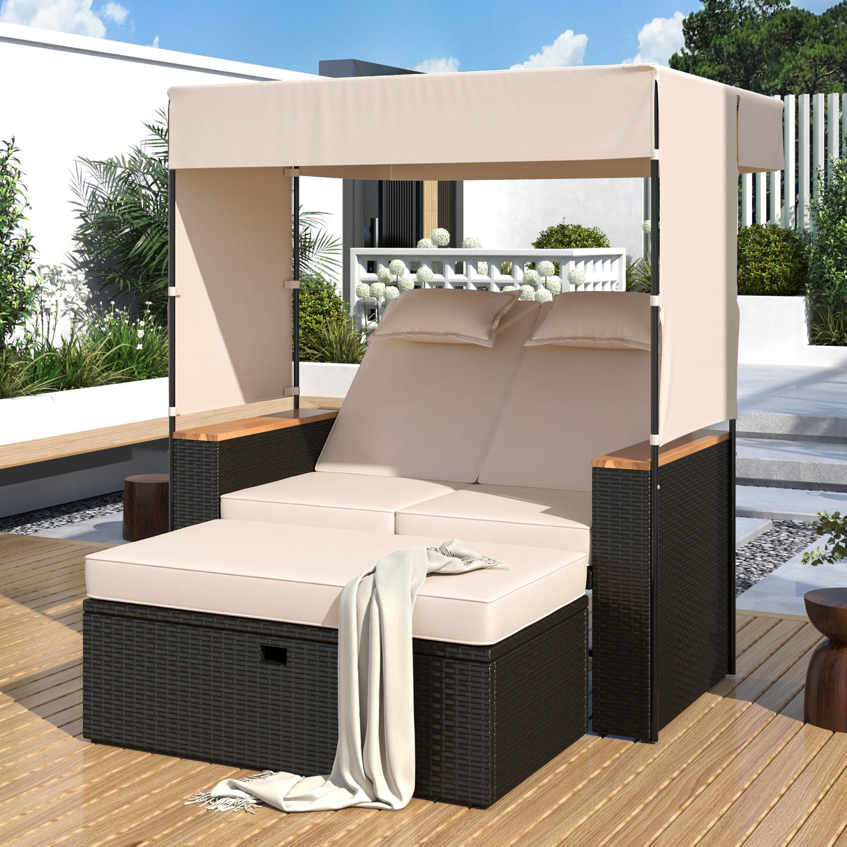Bethany Two-Person Outdoor Rattan Daybed with Adjustable Canopy and Hidden Storage